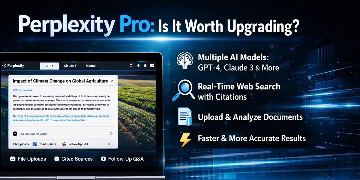 Perplexity Pro AI research assistant showing real-time search, cited sources, and advanced AI models