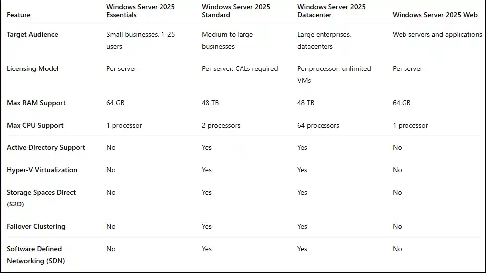 "Key differences between Windows Server 2025 versions"