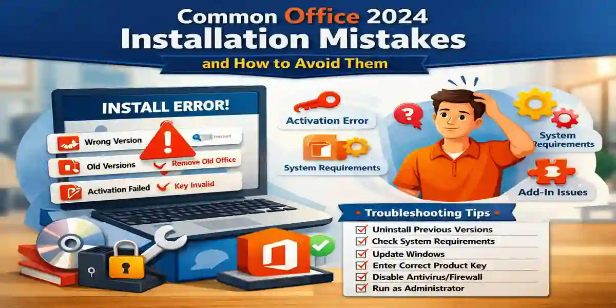 Common Office 2024 installation mistakes and troubleshooting tips infographic.