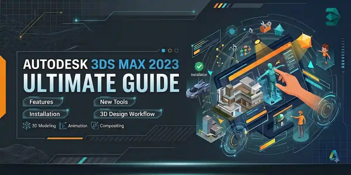 create 1200 by 600 pixels image for the product Autodesk 3ds Max 2023 Ultimate Guide | Features, New Tools, Installation & 3D Design Workflow